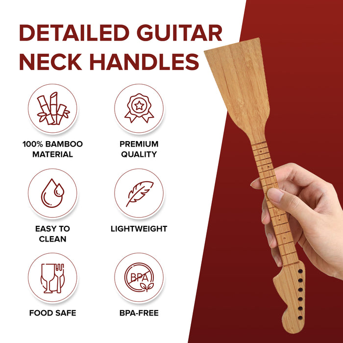 Guitar Bamboo Cooking Utensils Set (4-Piece) | Wooden Spoons and Spatulas | Fun Music Themed Kitchen Gadgets & Accessories | Unique Gift for Musicians, Guitar Players