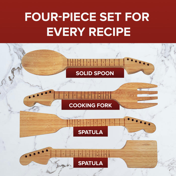 Guitar Bamboo Cooking Utensils Set (4-Piece) | Wooden Spoons and Spatulas | Fun Music Themed Kitchen Gadgets & Accessories | Unique Gift for Musicians, Guitar Players
