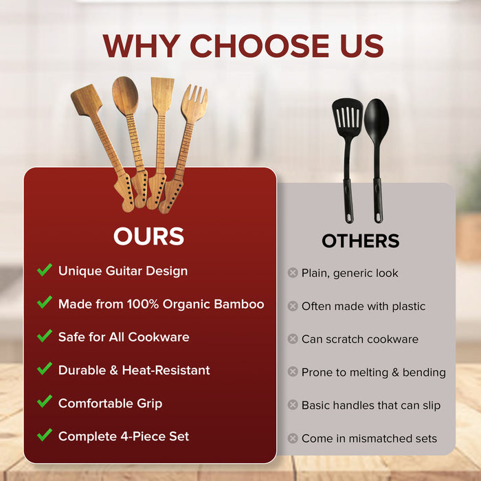 Guitar Bamboo Cooking Utensils Set (4-Piece) | Wooden Spoons and Spatulas | Fun Music Themed Kitchen Gadgets & Accessories | Unique Gift for Musicians, Guitar Players