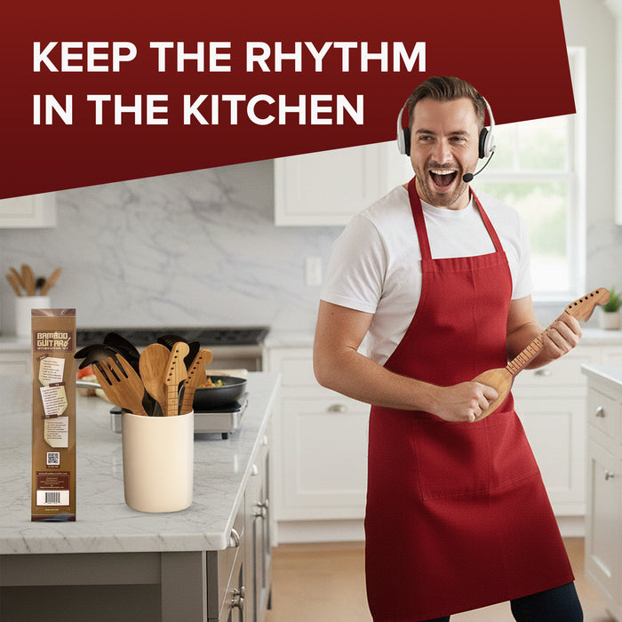 Guitar Bamboo Cooking Utensils Set (4-Piece) | Wooden Spoons and Spatulas | Fun Music Themed Kitchen Gadgets & Accessories | Unique Gift for Musicians, Guitar Players