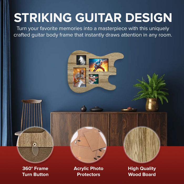 Guitar Body Multi-Photo Frame - Holds 4 Pictures (Two 4x6, Two 3x3), Durable MDF Wood, Shatterproof Acrylic - 3 Colors (Black, White, Natural) - Unique Musician Gifts