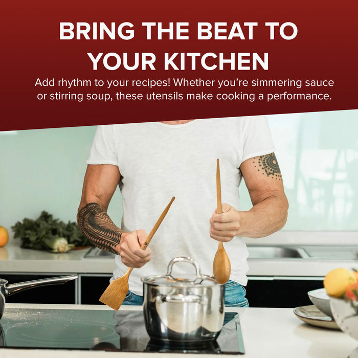 Drumstick Kitchen Utensils (2-Pc Set) - Bamboo Wooden Spoons, Drum Stick Cooking Utensil Set, Funny Kitchen Gadgets, Unique Gifts for Drummers, Musicians, Men, Women