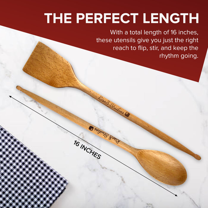 Drumstick Kitchen Utensils (2-Pc Set) - Bamboo Wooden Spoons, Drum Stick Cooking Utensil Set, Funny Kitchen Gadgets, Unique Gifts for Drummers, Musicians, Men, Women