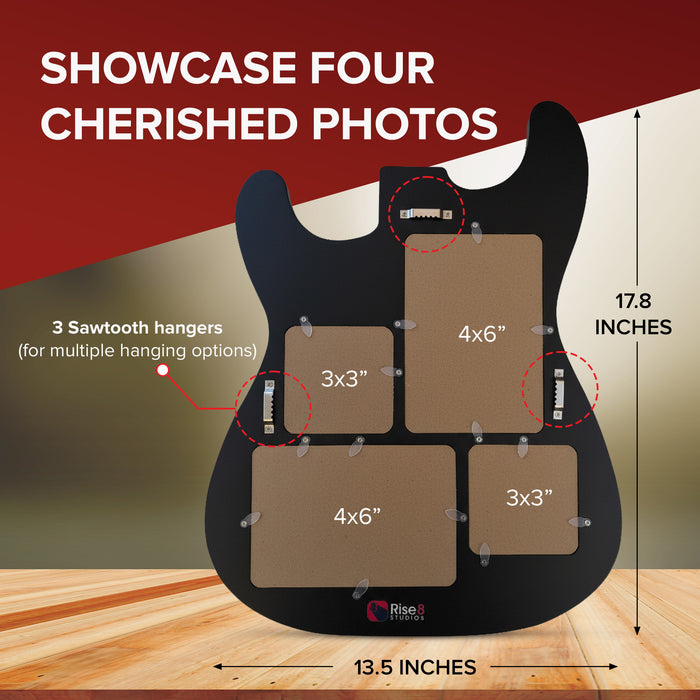 Guitar Body Multi-Photo Frame - Holds 4 Pictures (Two 4x6, Two 3x3), Durable MDF Wood, Shatterproof Acrylic - 3 Colors (Black, White, Natural) - Unique Musician Gifts