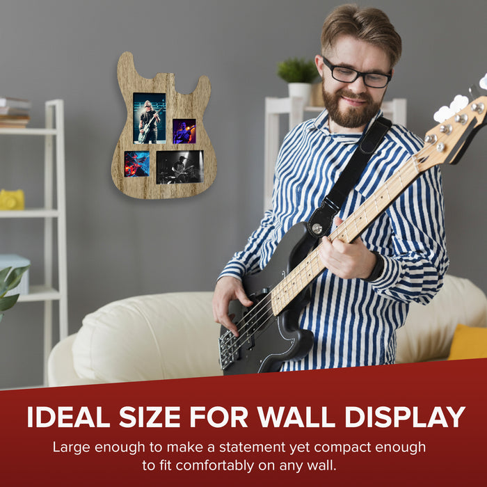 Guitar Body Multi-Photo Frame - Holds 4 Pictures (Two 4x6, Two 3x3), Durable MDF Wood, Shatterproof Acrylic - 3 Colors (Black, White, Natural) - Unique Musician Gifts