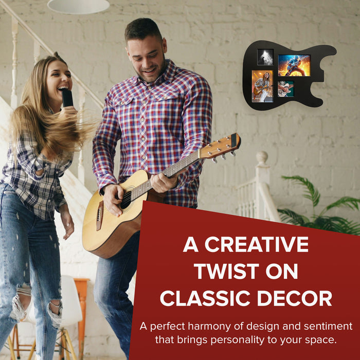 Guitar Body Multi-Photo Frame - Holds 4 Pictures (Two 4x6, Two 3x3), Durable MDF Wood, Shatterproof Acrylic - 3 Colors (Black, White, Natural) - Unique Musician Gifts