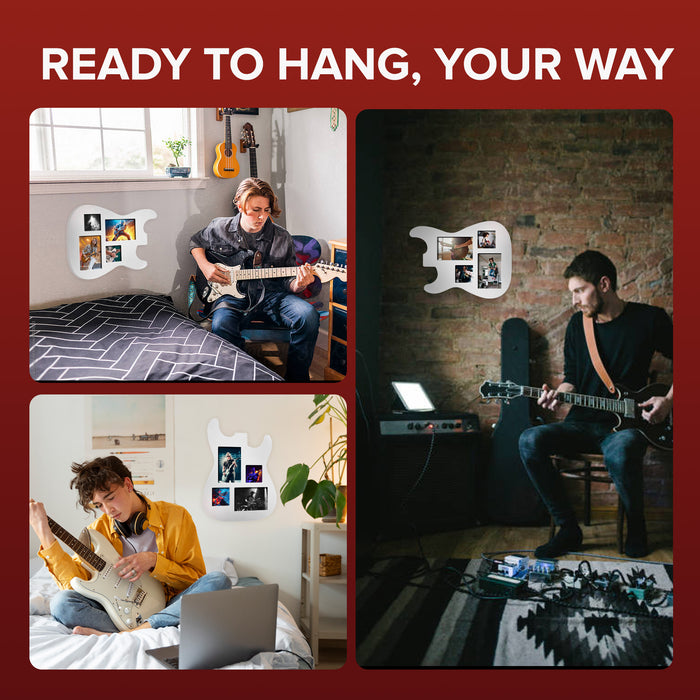 Guitar Body Multi-Photo Frame - Holds 4 Pictures (Two 4x6, Two 3x3), Durable MDF Wood, Shatterproof Acrylic - 3 Colors (Black, White, Natural) - Unique Musician Gifts