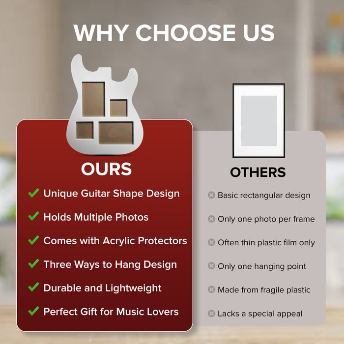 Guitar Body Multi-Photo Frame - Holds 4 Pictures (Two 4x6, Two 3x3), Durable MDF Wood, Shatterproof Acrylic - 3 Colors (Black, White, Natural) - Unique Musician Gifts