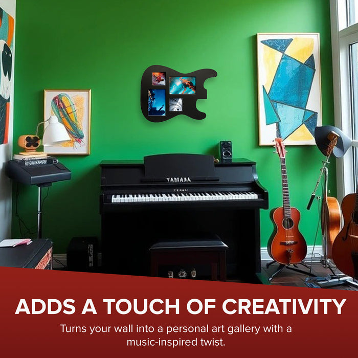 Guitar Body Multi-Photo Frame - Holds 4 Pictures (Two 4x6, Two 3x3), Durable MDF Wood, Shatterproof Acrylic - 3 Colors (Black, White, Natural) - Unique Musician Gifts