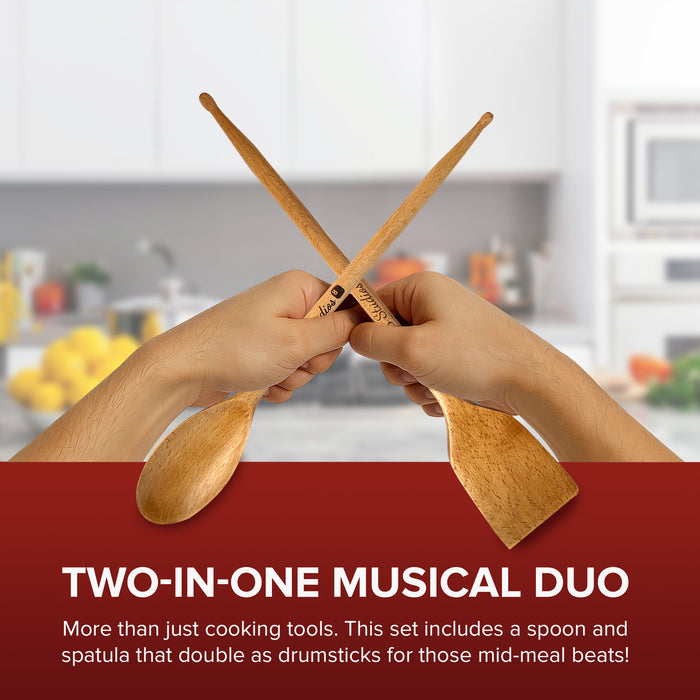 Drumstick Kitchen Utensils (2-Pc Set) - Bamboo Wooden Spoons, Drum Stick Cooking Utensil Set, Funny Kitchen Gadgets, Unique Gifts for Drummers, Musicians, Men, Women