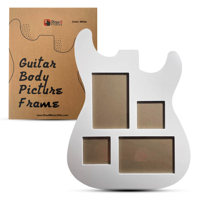 Guitar Body Multi-Photo Frame - Holds 4 Pictures (Two 4x6, Two 3x3), Durable MDF Wood, Shatterproof Acrylic - 3 Colors (Black, White, Natural) - Unique Musician Gifts