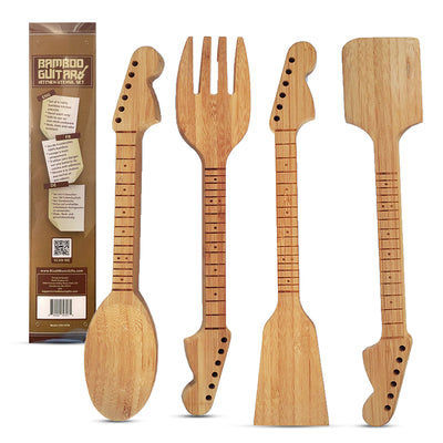 Guitar Bamboo Cooking Utensils Set (4-Piece) | Wooden Spoons and Spatulas | Fun Music Themed Kitchen Gadgets & Accessories | Unique Gift for Musicians, Guitar Players