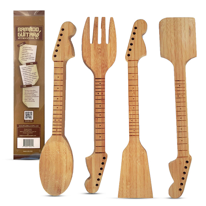 Guitar Bamboo Cooking Utensils Set (4-Piece) | Wooden Spoons and Spatulas | Fun Music Themed Kitchen Gadgets & Accessories | Unique Gift for Musicians, Guitar Players
