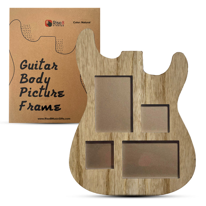 Guitar Body Multi-Photo Frame - Holds 4 Pictures (Two 4x6, Two 3x3), Durable MDF Wood, Shatterproof Acrylic - 3 Colors (Black, White, Natural) - Unique Musician Gifts