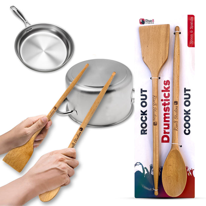Drumstick Kitchen Utensils (2-Pc Set) - Bamboo Wooden Spoons, Drum Stick Cooking Utensil Set, Funny Kitchen Gadgets, Unique Gifts for Drummers, Musicians, Men, Women