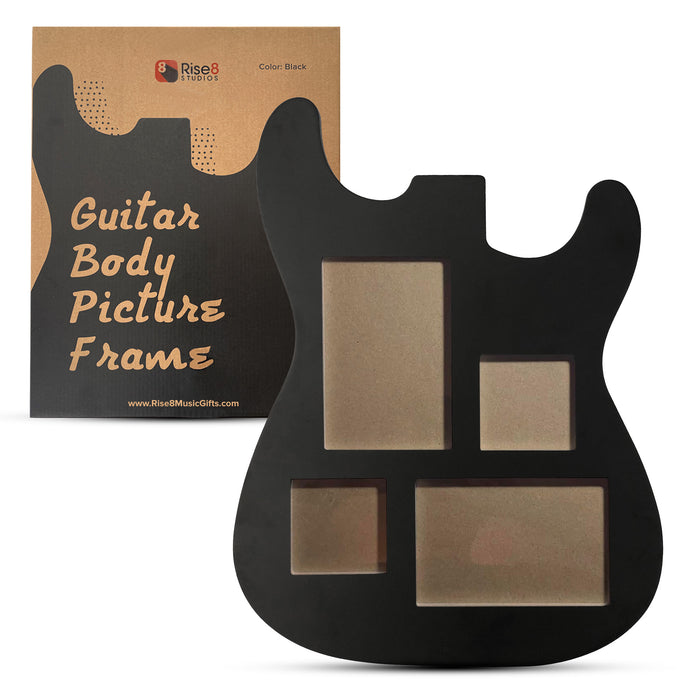 Guitar Body Multi-Photo Frame - Holds 4 Pictures (Two 4x6, Two 3x3), Durable MDF Wood, Shatterproof Acrylic - 3 Colors (Black, White, Natural) - Unique Musician Gifts
