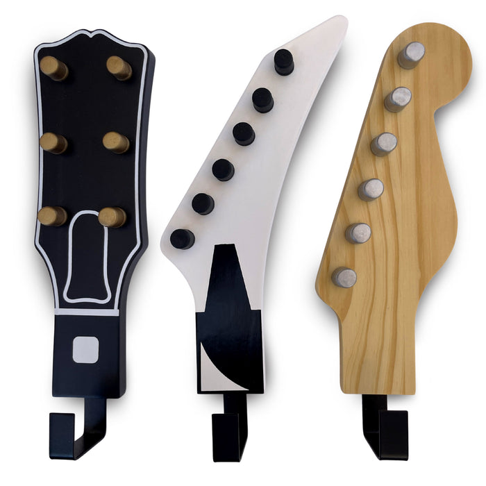 Headstock Hangers (Set of 3) | Real Wood 1:1 Scale Guitar Headstock Wall Hooks | Heavy Duty Decorative Coat Rack for Musicians, Home & Music Room Decor | Holds up to 20 lbs