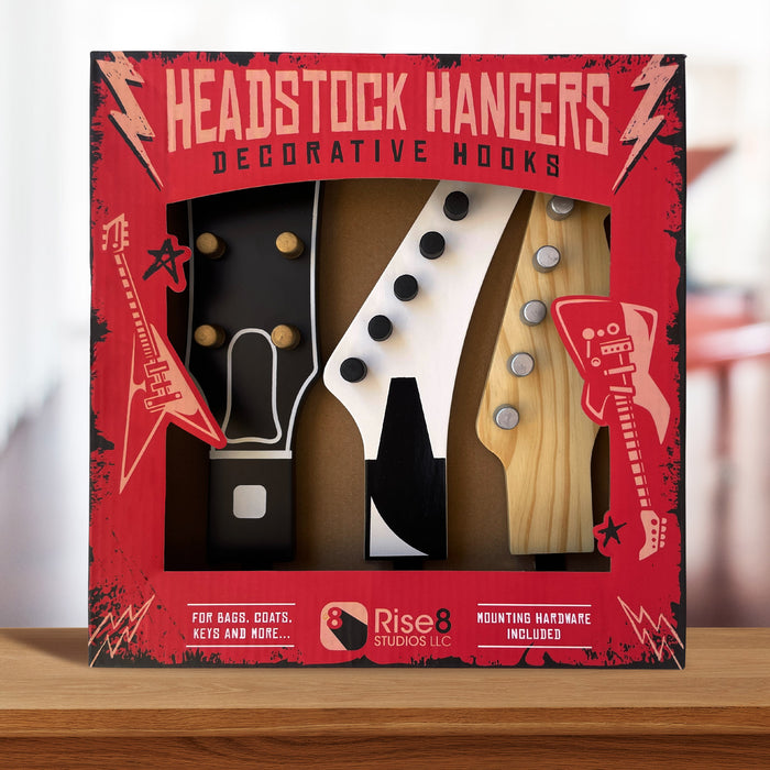 Headstock Hangers (Set of 3) | Real Wood 1:1 Scale Guitar Headstock Wall Hooks | Heavy Duty Decorative Coat Rack for Musicians, Home & Music Room Decor | Holds up to 20 lbs
