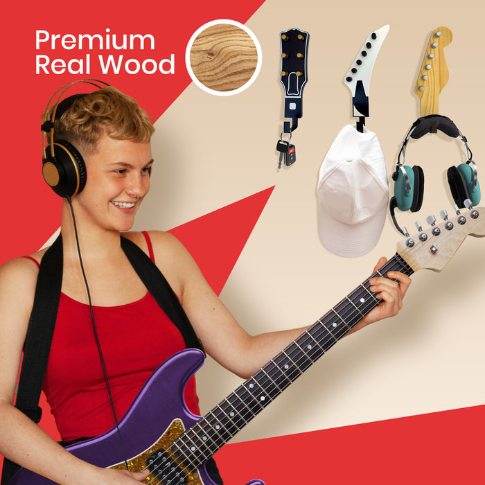 Headstock Hangers (Set of 3) | Real Wood 1:1 Scale Guitar Headstock Wall Hooks | Heavy Duty Decorative Coat Rack for Musicians, Home & Music Room Decor | Holds up to 20 lbs