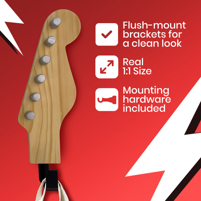 Headstock Hangers (Set of 3) | Real Wood 1:1 Scale Guitar Headstock Wall Hooks | Heavy Duty Decorative Coat Rack for Musicians, Home & Music Room Decor | Holds up to 20 lbs