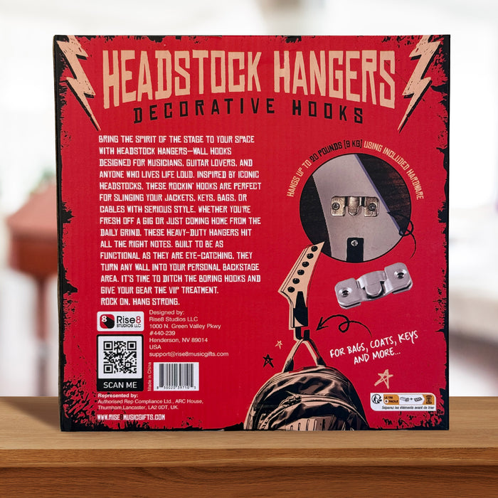 Headstock Hangers (Set of 3) | Real Wood 1:1 Scale Guitar Headstock Wall Hooks | Heavy Duty Decorative Coat Rack for Musicians, Home & Music Room Decor | Holds up to 20 lbs