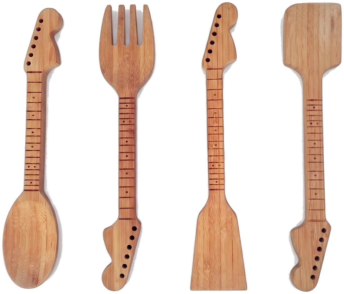 Guitar Neck Bamboo Utensil Set — spoon, fork and two spatulas